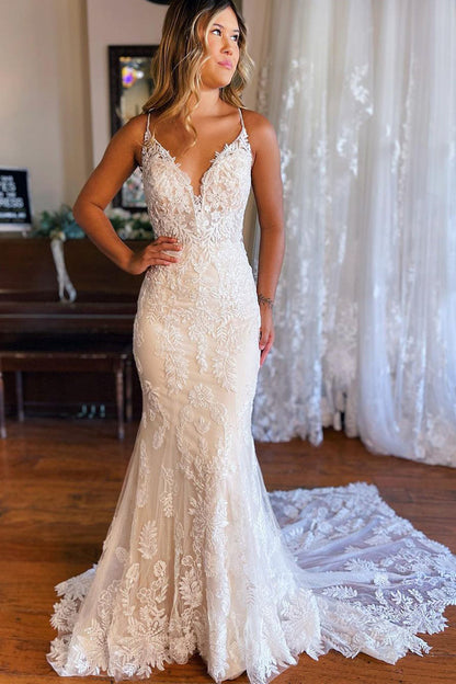 Elegant Mermaid V Neck Lace Wedding Dresses with Appliques