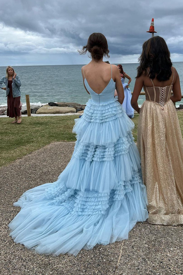 Charming A Line V Neck Light Blue Tulle Long Prom Dresses