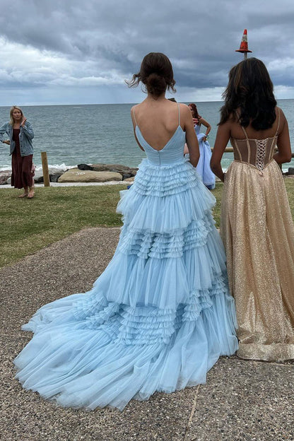 Charming A Line V Neck Light Blue Tulle Long Prom Dresses