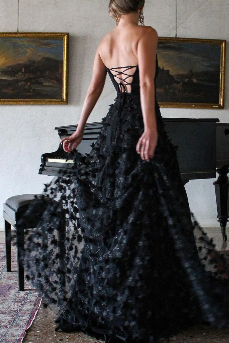 Charming A Line Strapless Black Lace Prom Dresses