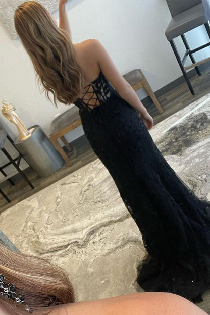 Charming Mermaid Sweetheart Black Lace Long Prom Dresses with Slit
