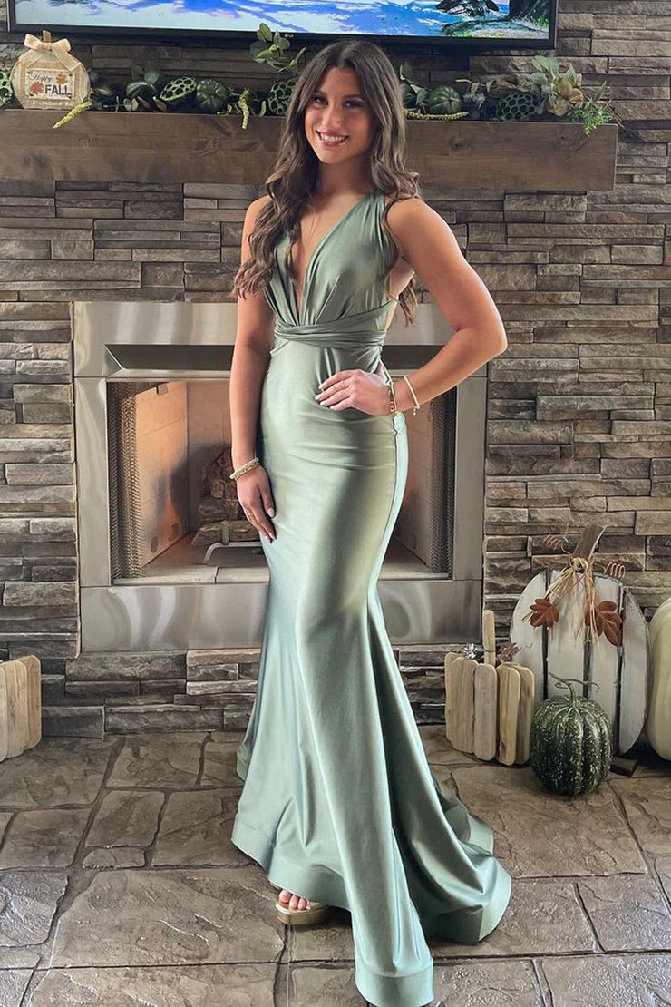 Fashion Mermaid Sage Green Silk Satin Long Bridesmaid Dresses