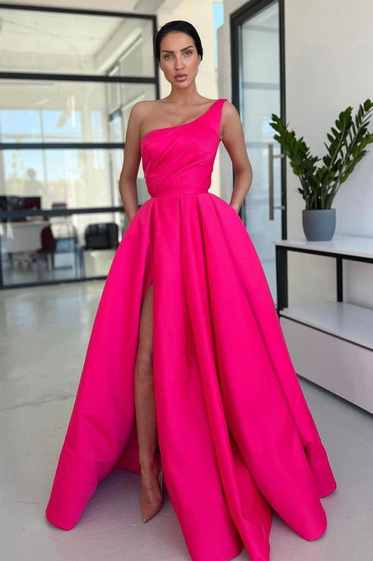 Charming A Line One Shoulder Hot Pink Satin Long Prom Dresses with Slit