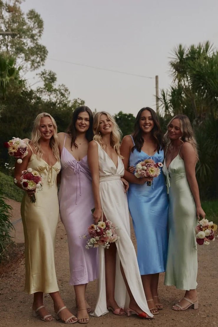 Sheath Mermaid V Neck Silk Satin Bridesmaid Dresses with Straps