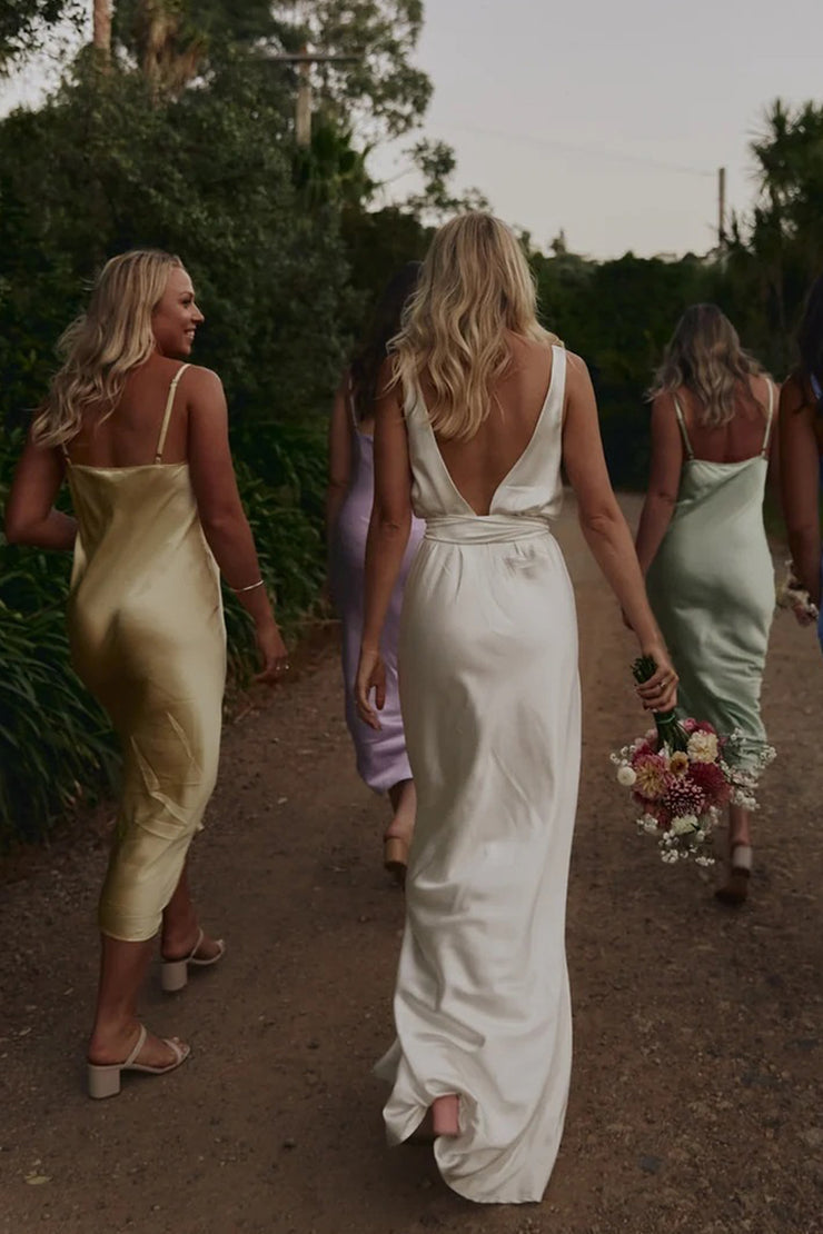 Sheath Mermaid V Neck Silk Satin Bridesmaid Dresses with Straps