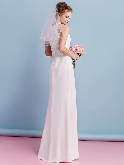 Wedding Dresses Jewel Neck Floor Length Chiffon Lace Regular Straps Floral Lace with Lace Sash Ribbon