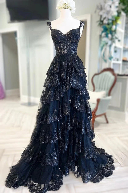A Line Black Lace Prom Dresses Tiered Sequins Off the shoulder