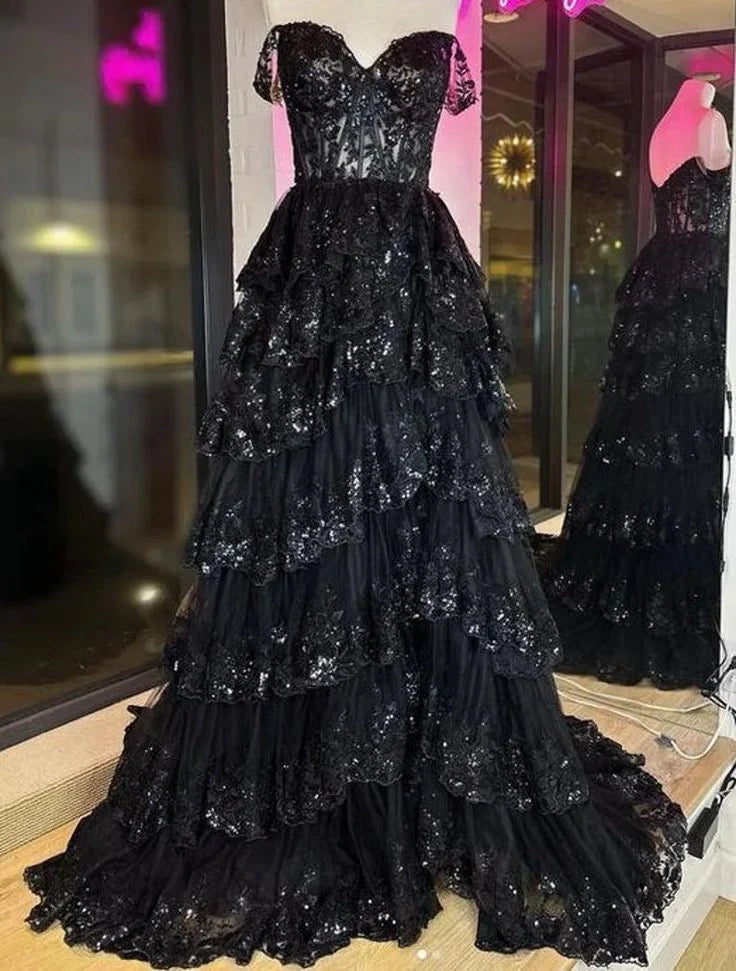 A Line Black Lace Prom Dresses Tiered Sequins Off the shoulder