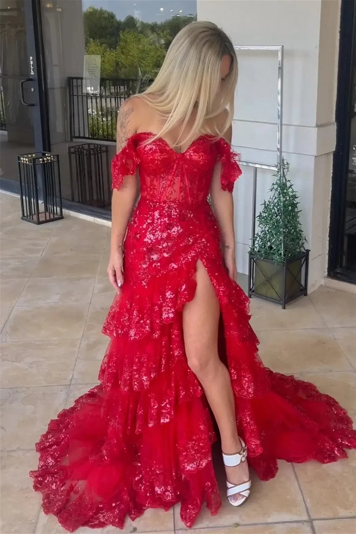 A Line Black Lace Prom Dresses Tiered Sequins Off the shoulder