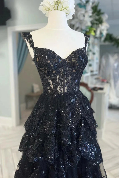 A Line Black Lace Prom Dresses Tiered Sequins Off the shoulder
