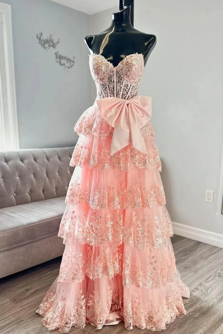 A Line Layered Pink Prom Dresses Lace V Neck with Bow