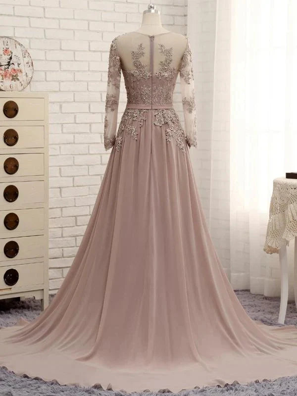 A Line Long Sleeves Lace Prom Dresses Chiffon Evening Gown