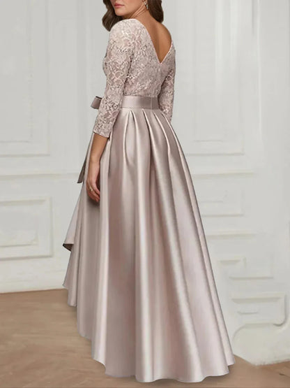 A Line Princess Jewel Neck 34 Length Sleeves Asymmetrical Plus Size Mother of the Bride Dresses with Bowknot