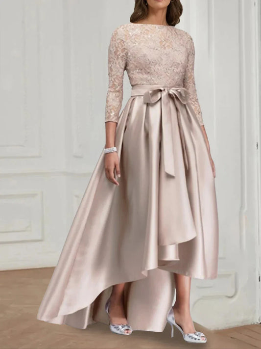 A Line Princess Jewel Neck 34 Length Sleeves Asymmetrical Plus Size Mother of the Bride Dresses with Bowknot