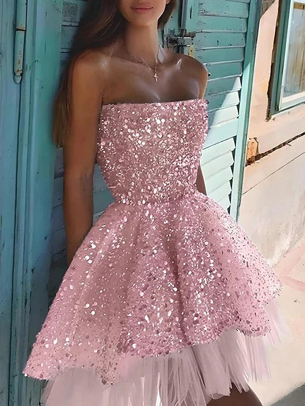 A Line Princess Strapless Sleeveless Party Cocktail Dress with Sequin