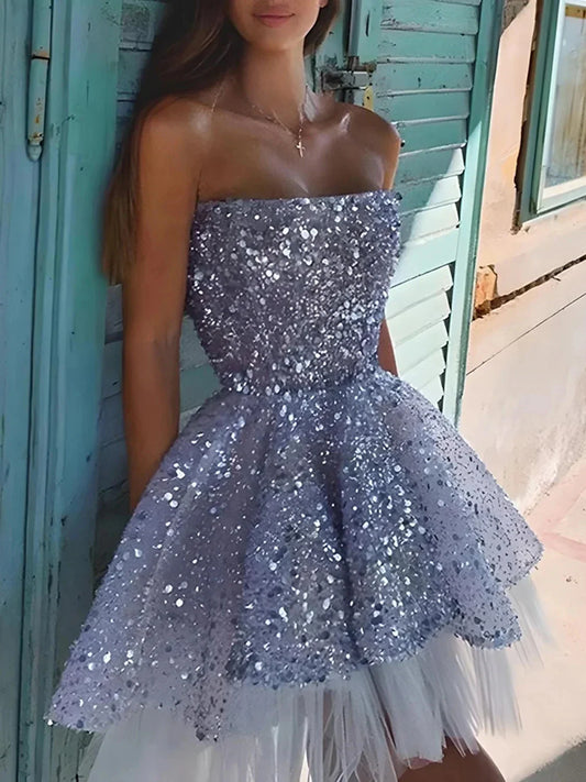 A Line Princess Strapless Sleeveless Party Cocktail Dress with Sequin