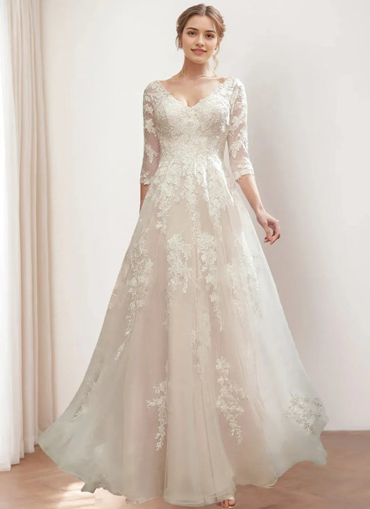 A Line Princess V-Neck 34 Length Sleeves Floor-length Wedding Dress with Lace Embroidery