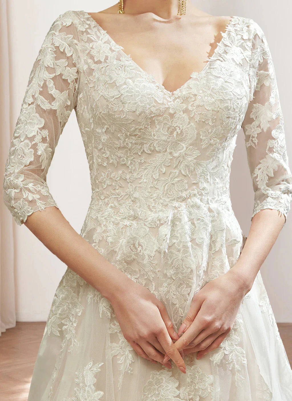 A Line Princess V-Neck 34 Length Sleeves Floor-length Wedding Dress with Lace Embroidery