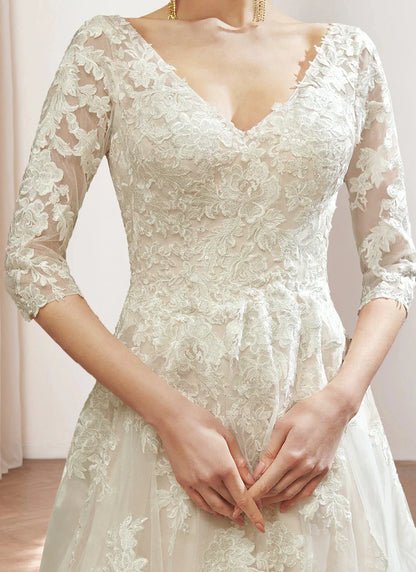 A Line Princess V-Neck 34 Length Sleeves Floor-length Wedding Dress with Lace Embroidery