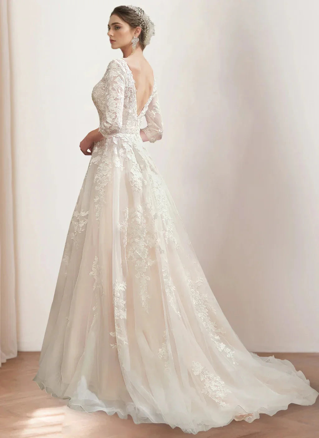 A Line Princess V-Neck 34 Length Sleeves Floor-length Wedding Dress with Lace Embroidery