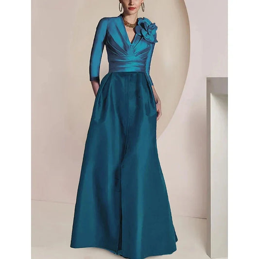 A Line Princess V-Neck 3/4 Sleeves Floor-Length Mother of the Bride Dresses with Ruched, Draping, Split Front, Flower & Ruching