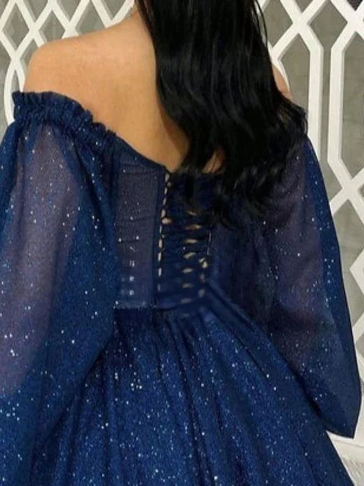 A Line Princess V-Neck Long Sleeves ShortMini Party Cocktail Homecoming Dress with Glitter