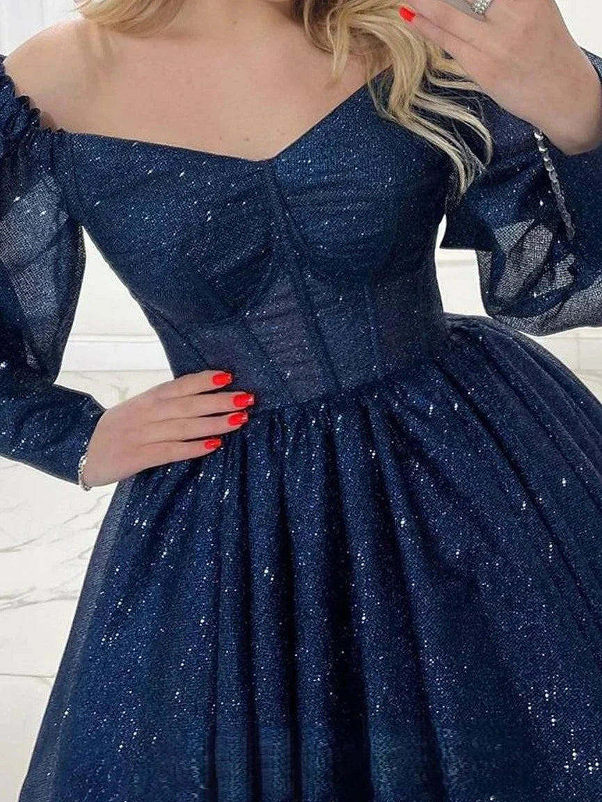 A Line Princess V-Neck Long Sleeves ShortMini Party Cocktail Homecoming Dress with Glitter