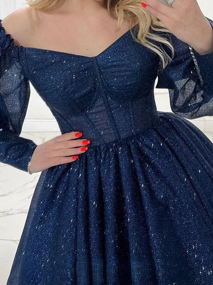 A Line Princess V-Neck Long Sleeves ShortMini Party Cocktail Homecoming Dress with Glitter