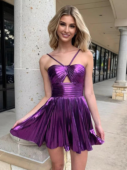 A Line Spaghetti Straps Keyhole Pleated Purple Knee Length Prom Dresses