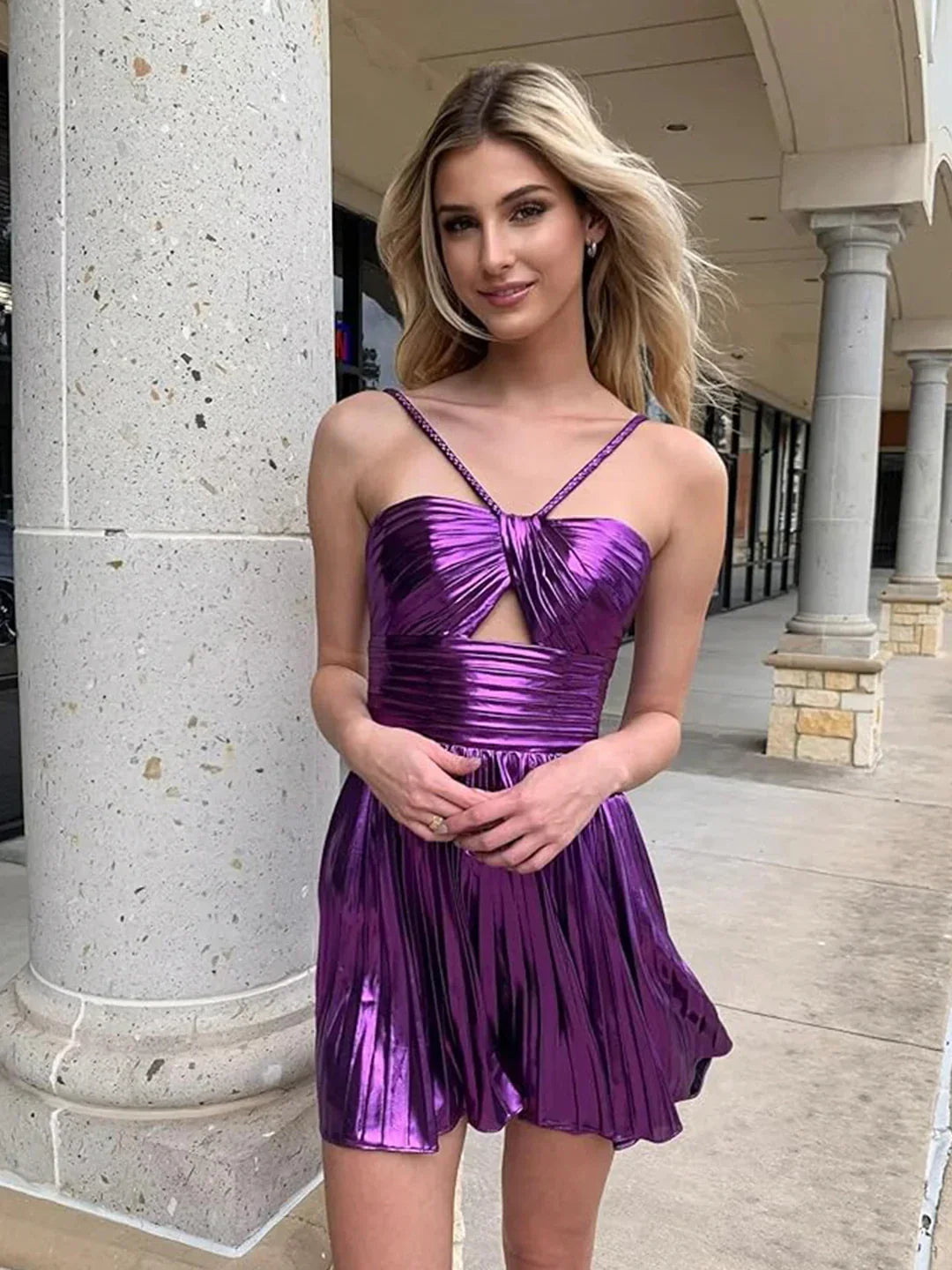 A Line Spaghetti Straps Keyhole Pleated Purple Knee Length Prom Dresses