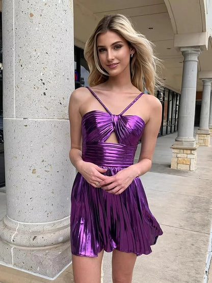 A Line Spaghetti Straps Keyhole Pleated Purple Knee Length Prom Dresses
