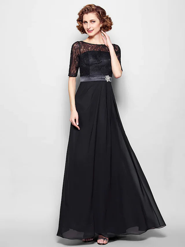 A-Line Mother of the Bride Dress Jewel Neck Floor Length Chiffon Lace Half Sleeve with Lace Sash Ribbon Crystal Brooch