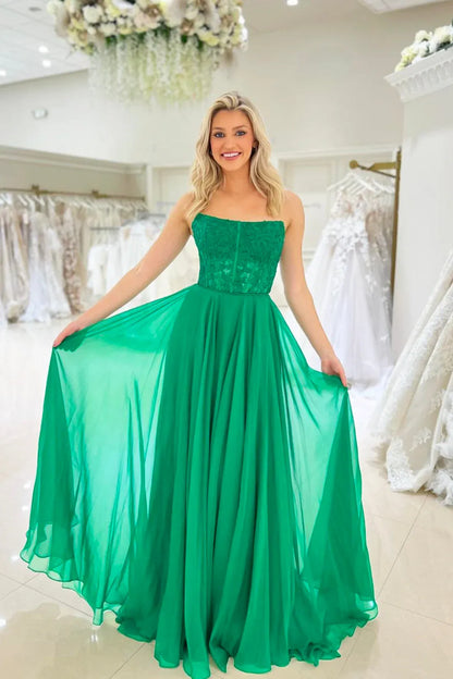 Affordable A-Line Strapless Sleeveless Lace Up Sweep/Brush Train Prom Dress
