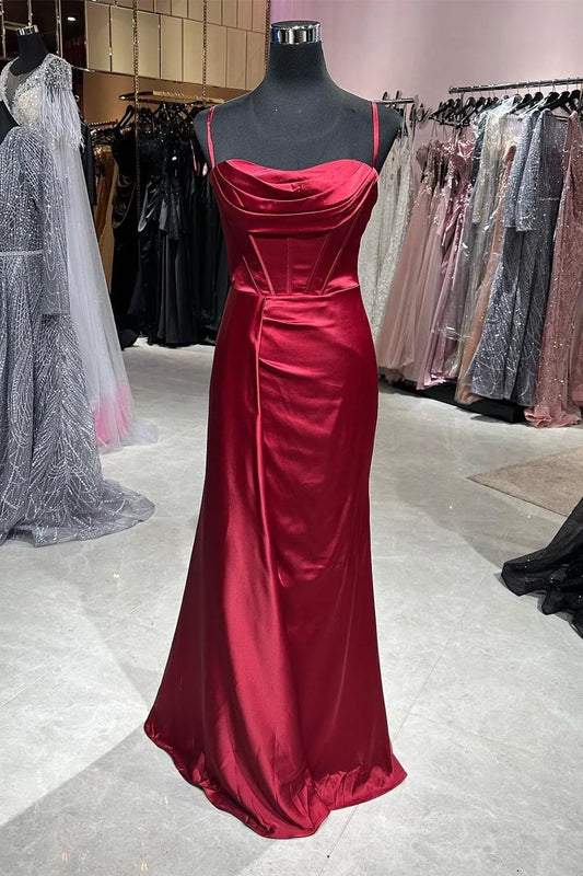 Affordable A-line Cowl Neck Sleeveless Satin Ruched Floor-Length Prom Dress