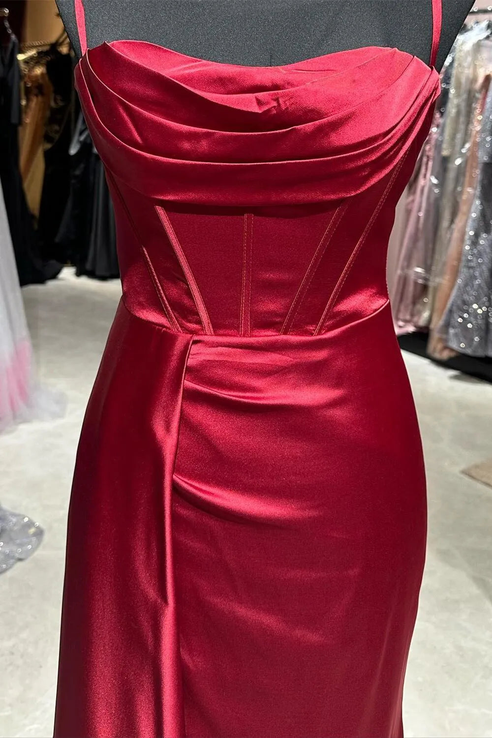 Affordable A-line Cowl Neck Sleeveless Satin Ruched Floor-Length Prom Dress