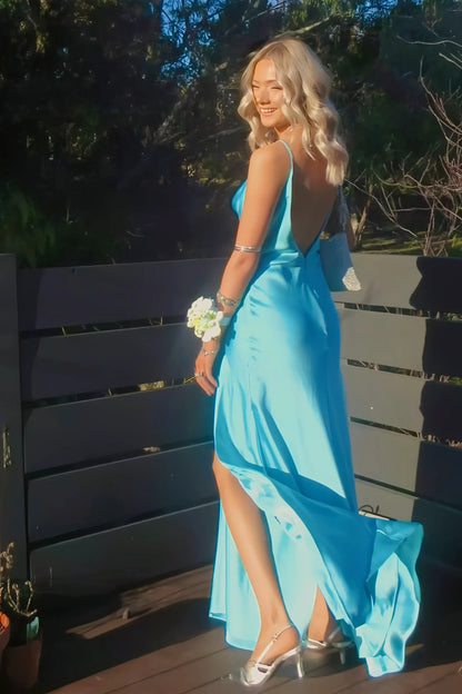 Affordable Fitted Spaghetti Straps Sleeveless Satin Slit Floor-Length Prom Dress