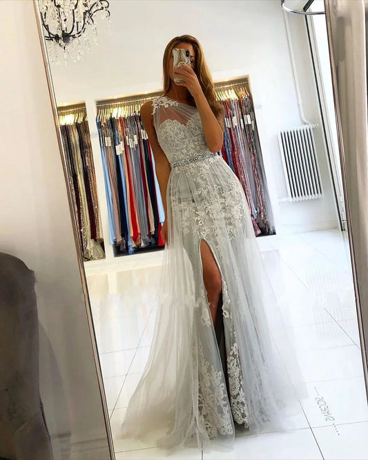 Affordable Lace Silver Prom Dresses One Shoulder Tulle with Beadings
