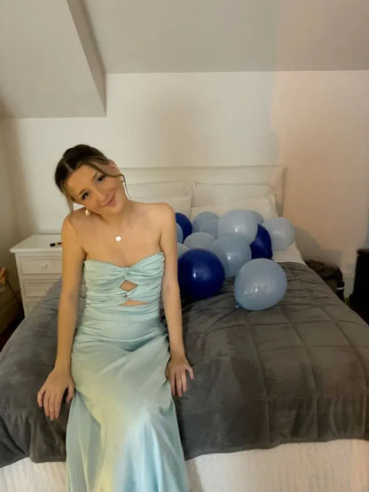 Affordable Mermaid Strapless Sleeveless Pleated Satin Floor-Length Prom Dress