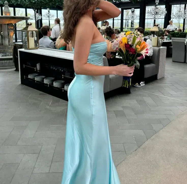 Affordable Mermaid Strapless Sleeveless Pleated Satin Floor-Length Prom Dress
