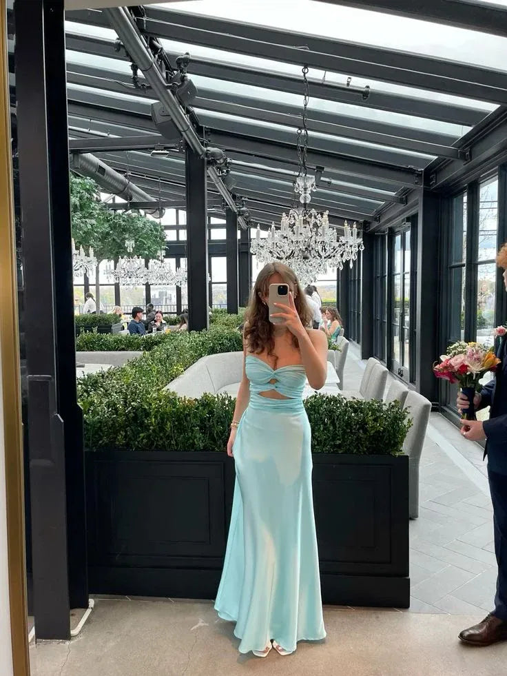Affordable Mermaid Strapless Sleeveless Pleated Satin Floor-Length Prom Dress