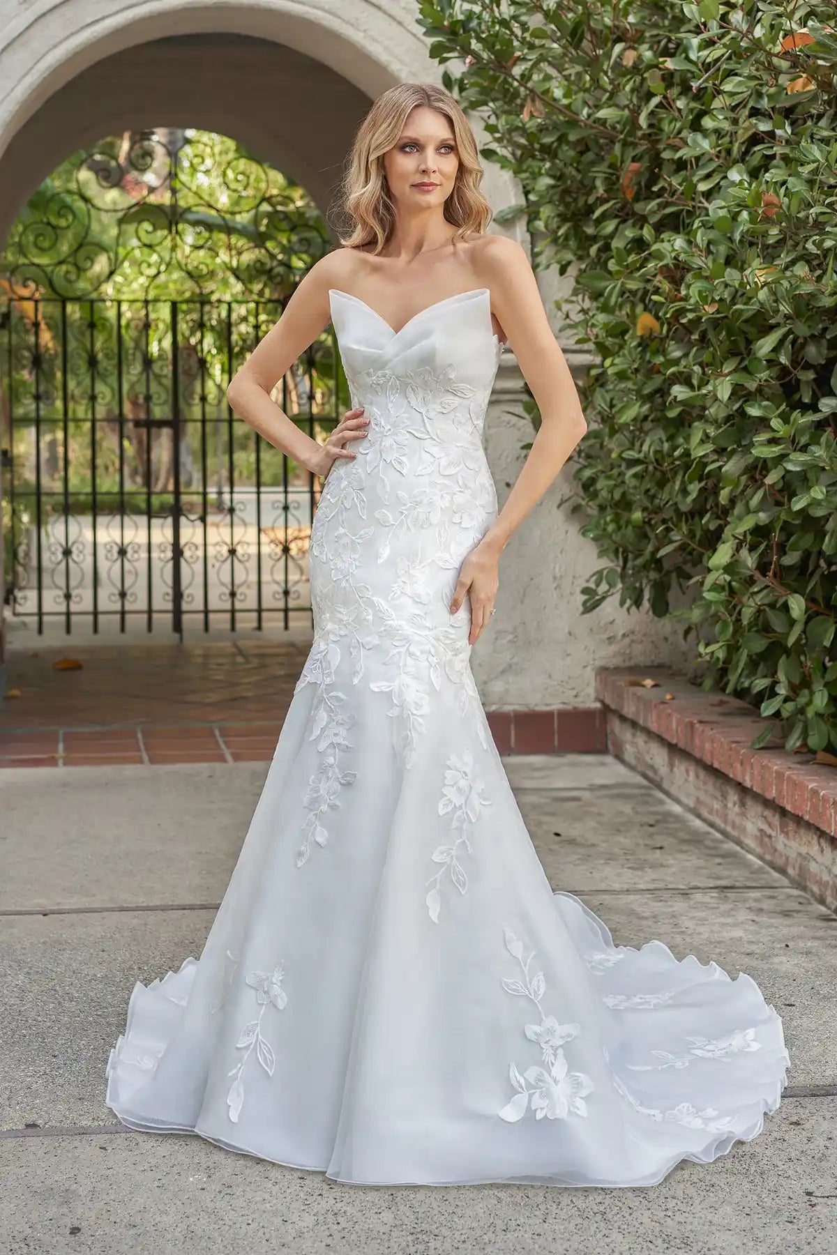 Airy Double-Faced Organza Fit and Flare Gown with Pointed Sweetheart Strapless Neckline and Sheer Corset Back