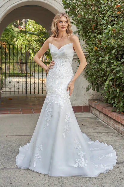 Airy Double-Faced Organza Fit and Flare Gown with Pointed Sweetheart Strapless Neckline and Sheer Corset Back