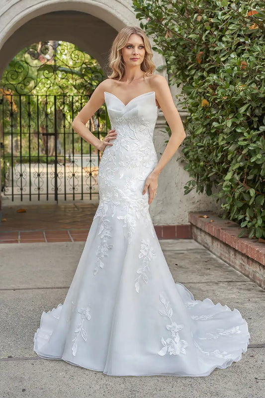 Airy Double-Faced Organza Fit and Flare Gown with Pointed Sweetheart Strapless Neckline and Sheer Corset Back