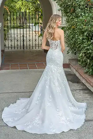 Airy Double-Faced Organza Fit and Flare Gown with Pointed Sweetheart Strapless Neckline and Sheer Corset Back