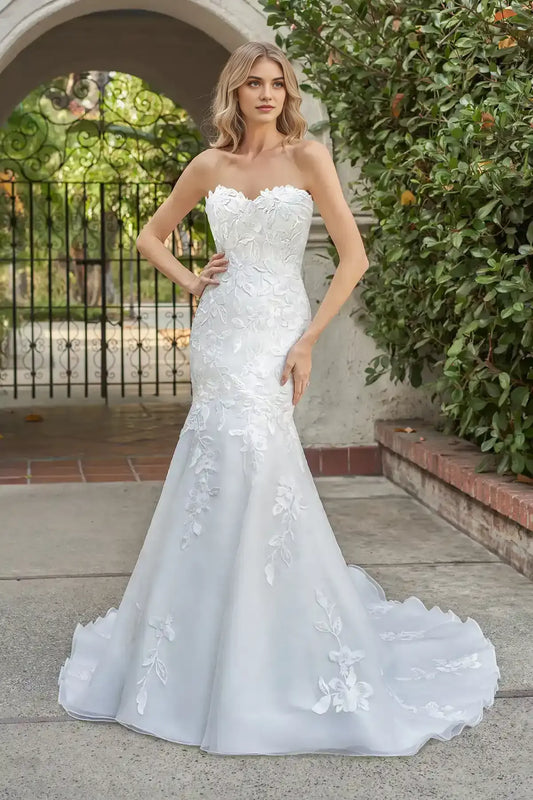 Airy Double-Faced Organza Fit and Flare Gown with Sweetheart Strapless Neckline and Sheer Corset Back