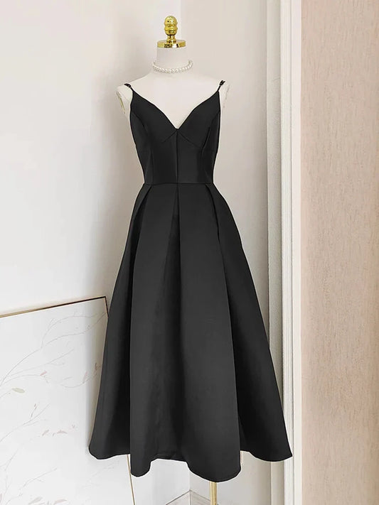 A line Little Black Satin Guest Dress for Wedding Women Birthday Dresses