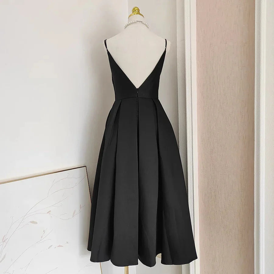 A line Little Black Satin Guest Dress for Wedding Women Birthday Dresses