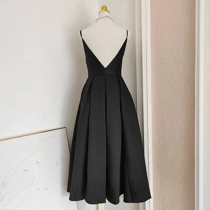 A line Little Black Satin Guest Dress for Wedding Women Birthday Dresses