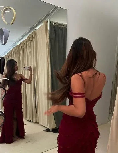 Alluring Mermaid Sweetheart Cold Shoulder Zipper Back High Slit Floor-Length Burgundy Evening Dress