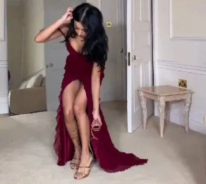 Alluring Mermaid Sweetheart Cold Shoulder Zipper Back High Slit Floor-Length Burgundy Evening Dress